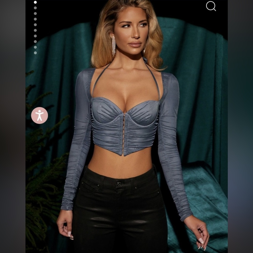 Oh Polly Slate Blue Long Sleeve Crop Top
